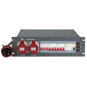 Tableau de distribution électrique PS10 32A (CEE 32A 400V sur 1x CEE 16A 400V, 1x T25 400V, 1x CEE 16A mono 230V, 3x Schuko 230V, 12x T13 230V) avec ampèremètre
